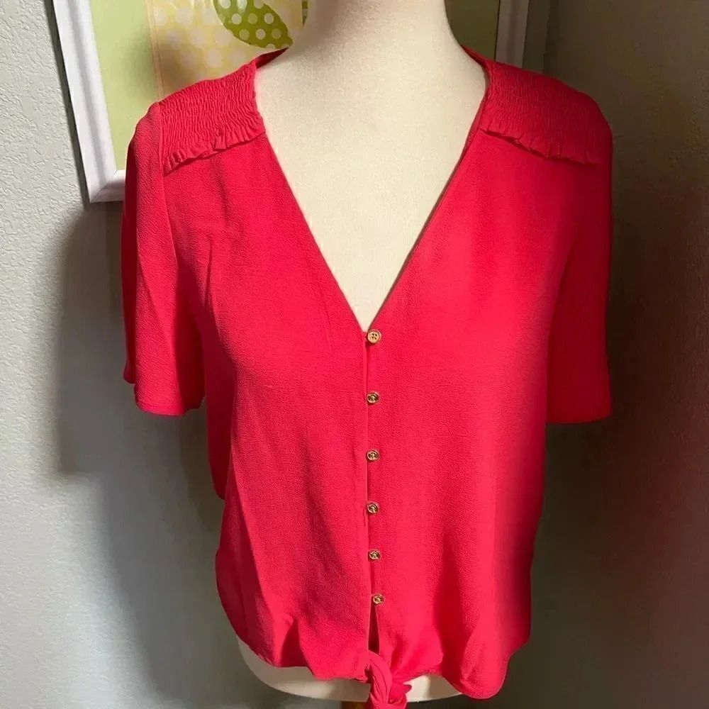 NWOT Michael Kors Orange Short-sleeve V-Neck Tie Bottom Top #128